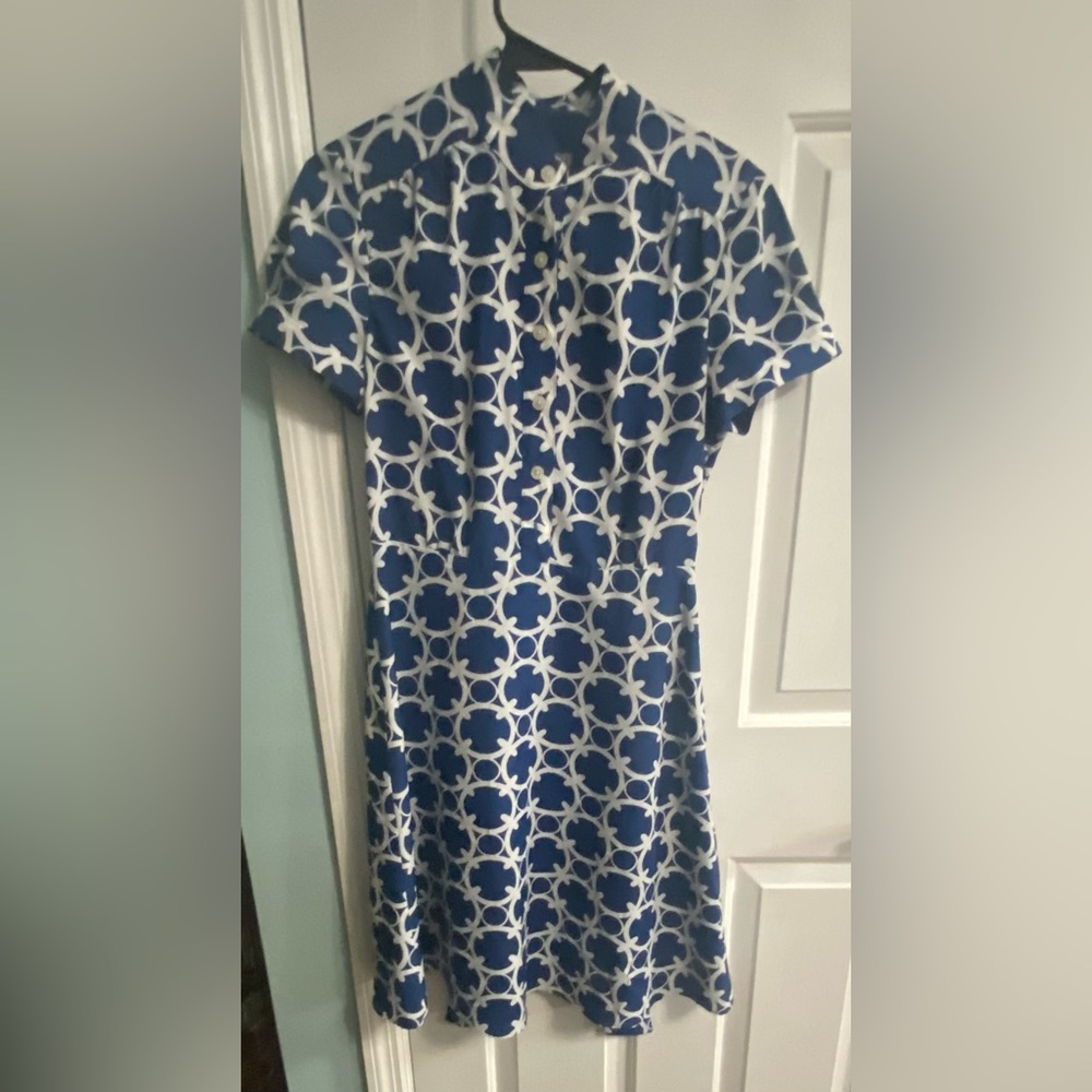 Ann Taylor Navy and White Geometric Midi Dress